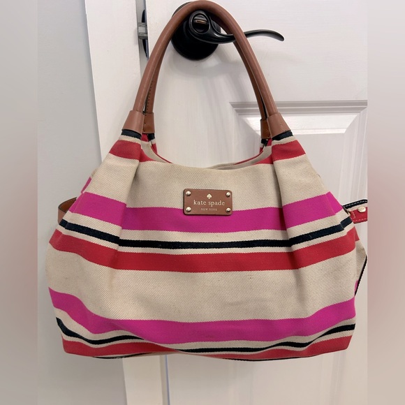 Kate Spade Striped Canvas Tote Bag - Pink, Red, and Tan - Picture 1 of 10